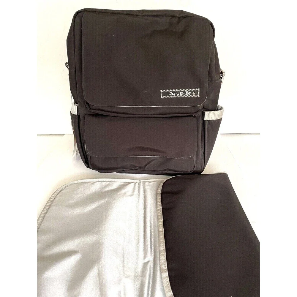 JuJuBe Black & Silver Diaper Bag Backpack with Changing Pad 11